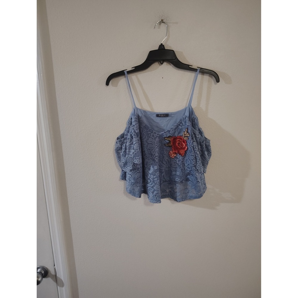 GIBIU USA Blue Lace Cold Shoulder Crop Top Rose Embroidery Floral Boho Large
